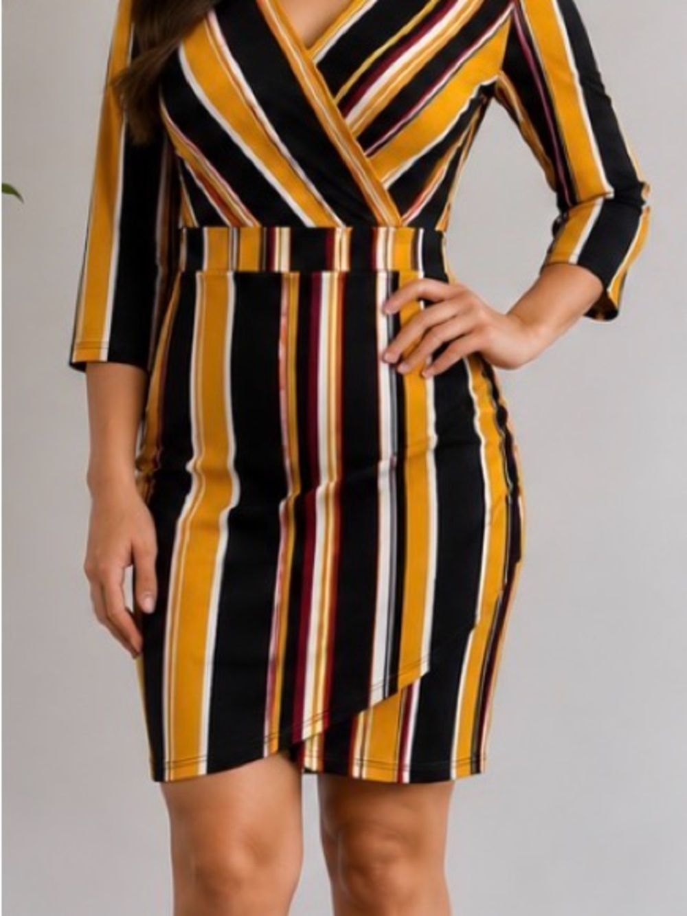 Striped Long Sleeve Dress in Mustard and Black